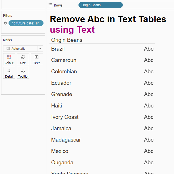 Hold Spokesman rival Remove Abc in Text Tables in Tableau - QueenOfData